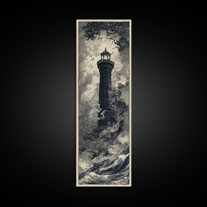 The Cursed Lighthouse, Gothic Storybook Art, Tall Narrow Wall Art, Macabre Wall Art, Canvas Print, Halloween Wall Art
