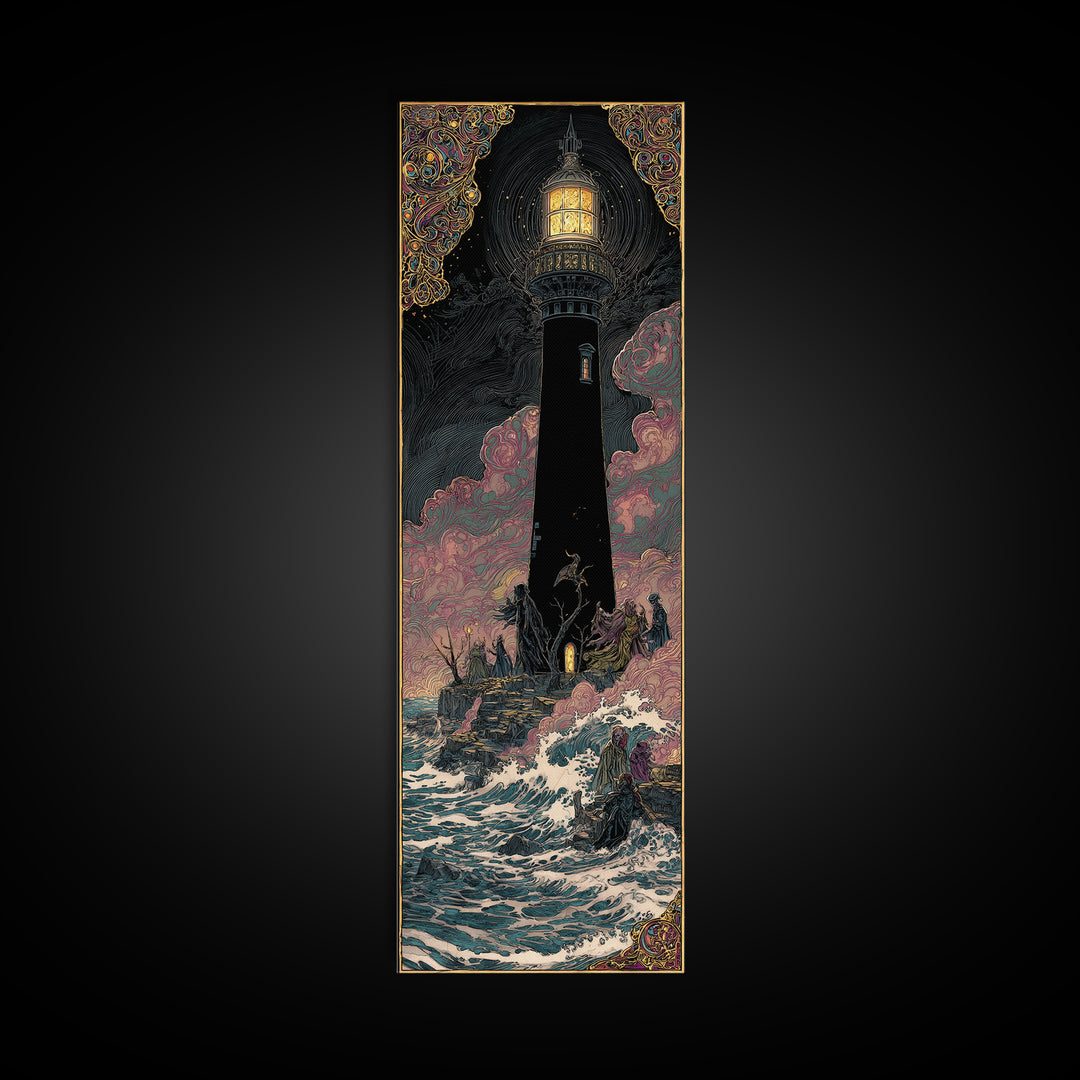 The Cursed Lighthouse, Stained Glass Gothic Art, Tall Narrow Wall Art, Dark Halloween Decor, Framed Canvas Print, Halloween Wall Art