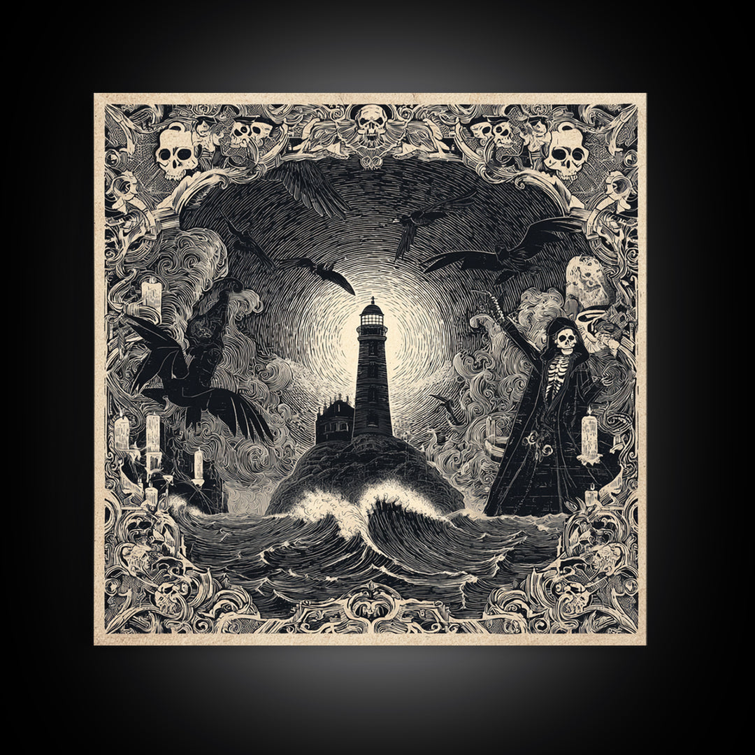 The Cursed Lighthouse, Macabre Folk Print Art, Square Wall Art, Gothic Horror Wall Art, Framed Canvas Print, Halloween Wall Art