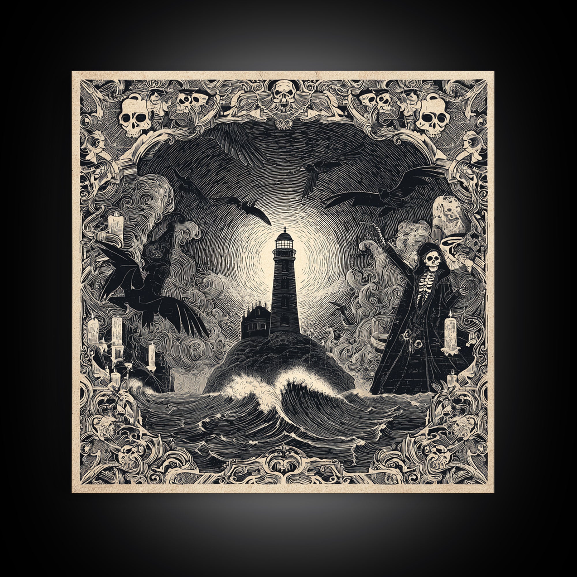 The Cursed Lighthouse, Macabre Folk Print Art, Square Wall Art, Gothic Horror Wall Art, Framed Canvas Print, Halloween Wall Art
