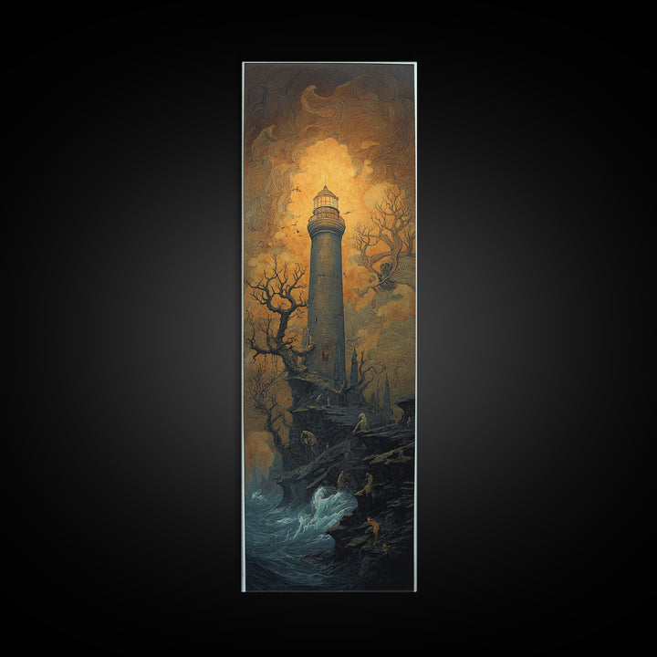 The Cursed Lighthouse, Surreal Apocalyptic Art, Tall Narrow Wall Art, Gothic Horror Wall Art, Framed Canvas Print