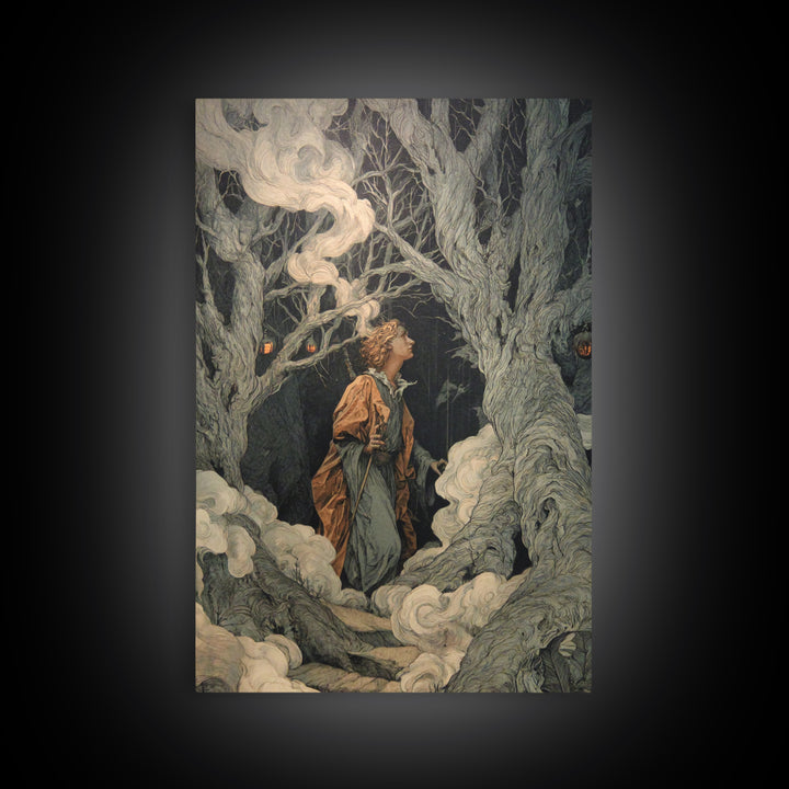 The Witch'S Forest, Visionary Gothic Art, Vertical Wall Art, Dark Halloween Decor, Framed Canvas Print, Halloween Wall Art
