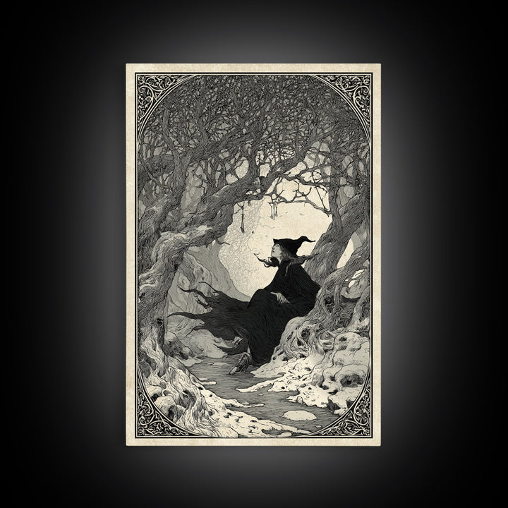 The Witch'S Forest, Decadent Line Art, Vertical Wall Art, Macabre Wall Art, Canvas Print, Halloween Wall Art, Gothic Home Decor
