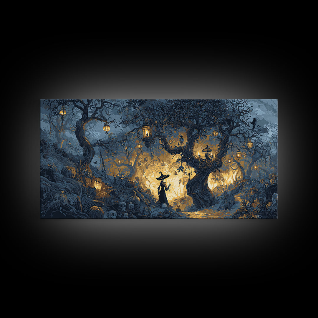 The Witch'S Forest, Macabre Folk Print Art, Wide Panoramic Art, Macabre Wall Art, Canvas Print, Halloween Wall Art