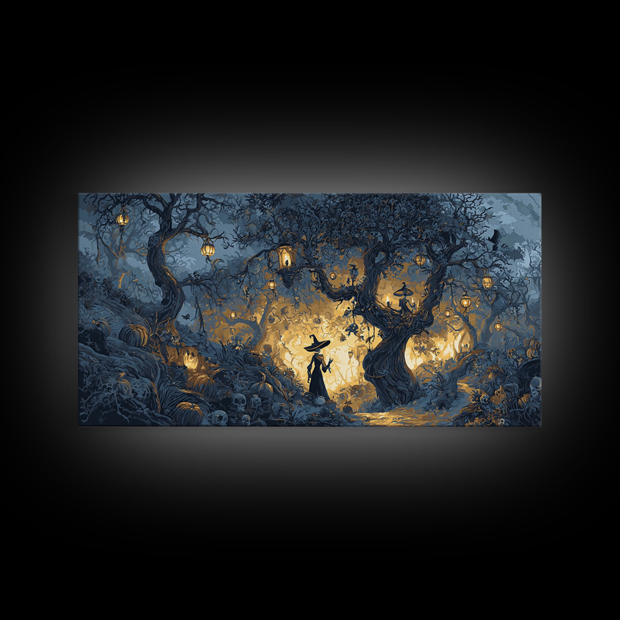 The Witch'S Forest, Macabre Folk Print Art, Wide Panoramic Art, Macabre Wall Art, Canvas Print, Halloween Wall Art