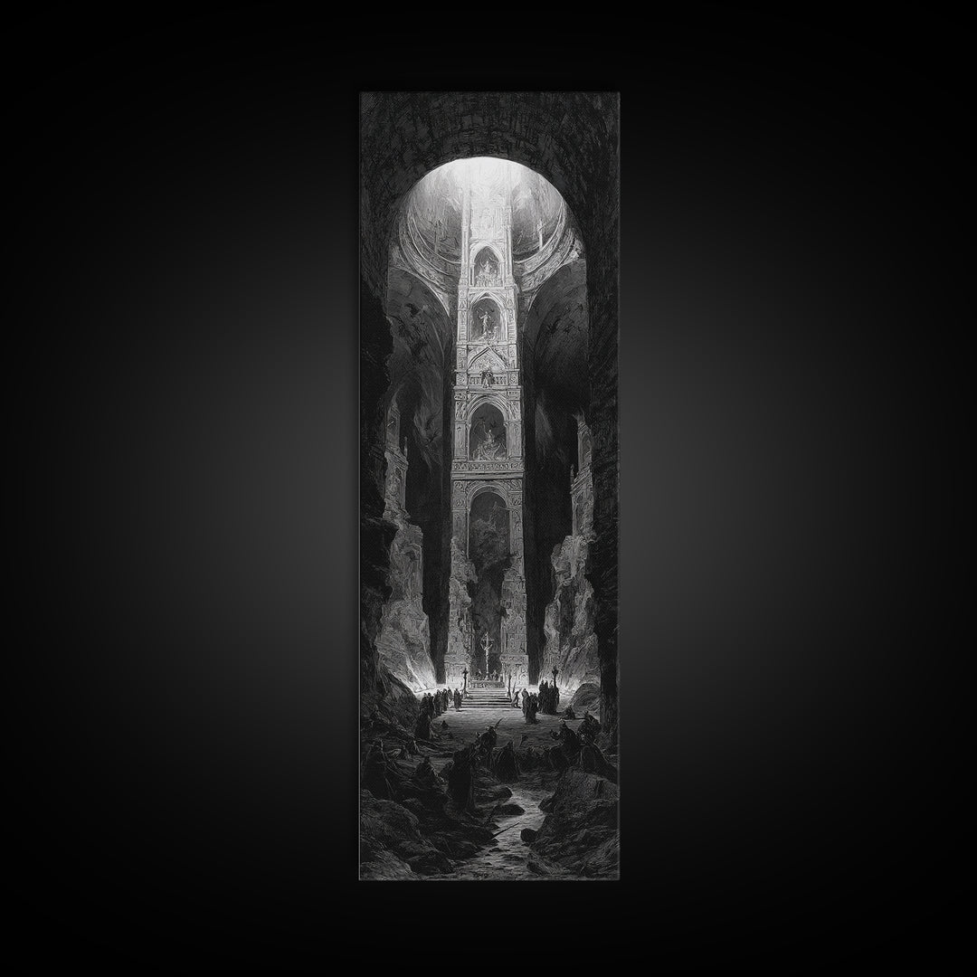 The Forgotten Crypt, Gothic Engraving Art, Tall Narrow Wall Art, Gothic Horror Wall Art, Framed Canvas Print, Halloween Wall Art