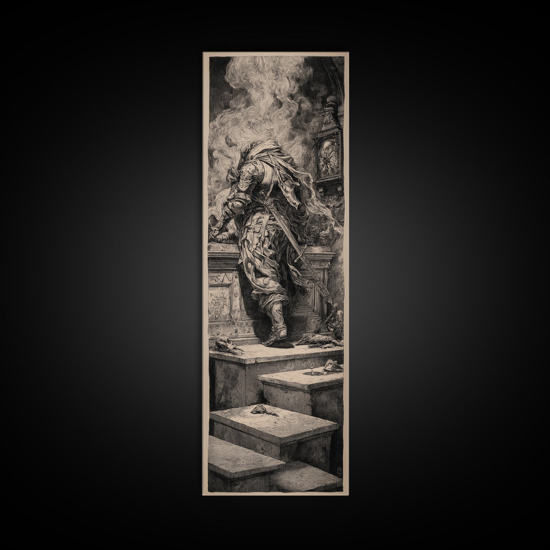 The Forgotten Crypt, Renaissance Engraving Art, Tall Narrow Wall Art, Dark Halloween Decor, Canvas Print, Halloween Wall Art