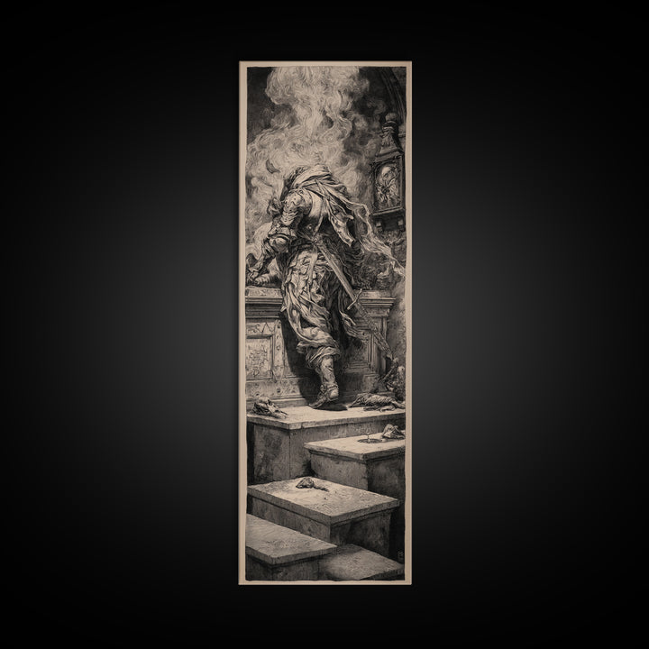 The Forgotten Crypt, Renaissance Engraving Art, Tall Narrow Wall Art, Dark Halloween Decor, Canvas Print, Halloween Wall Art