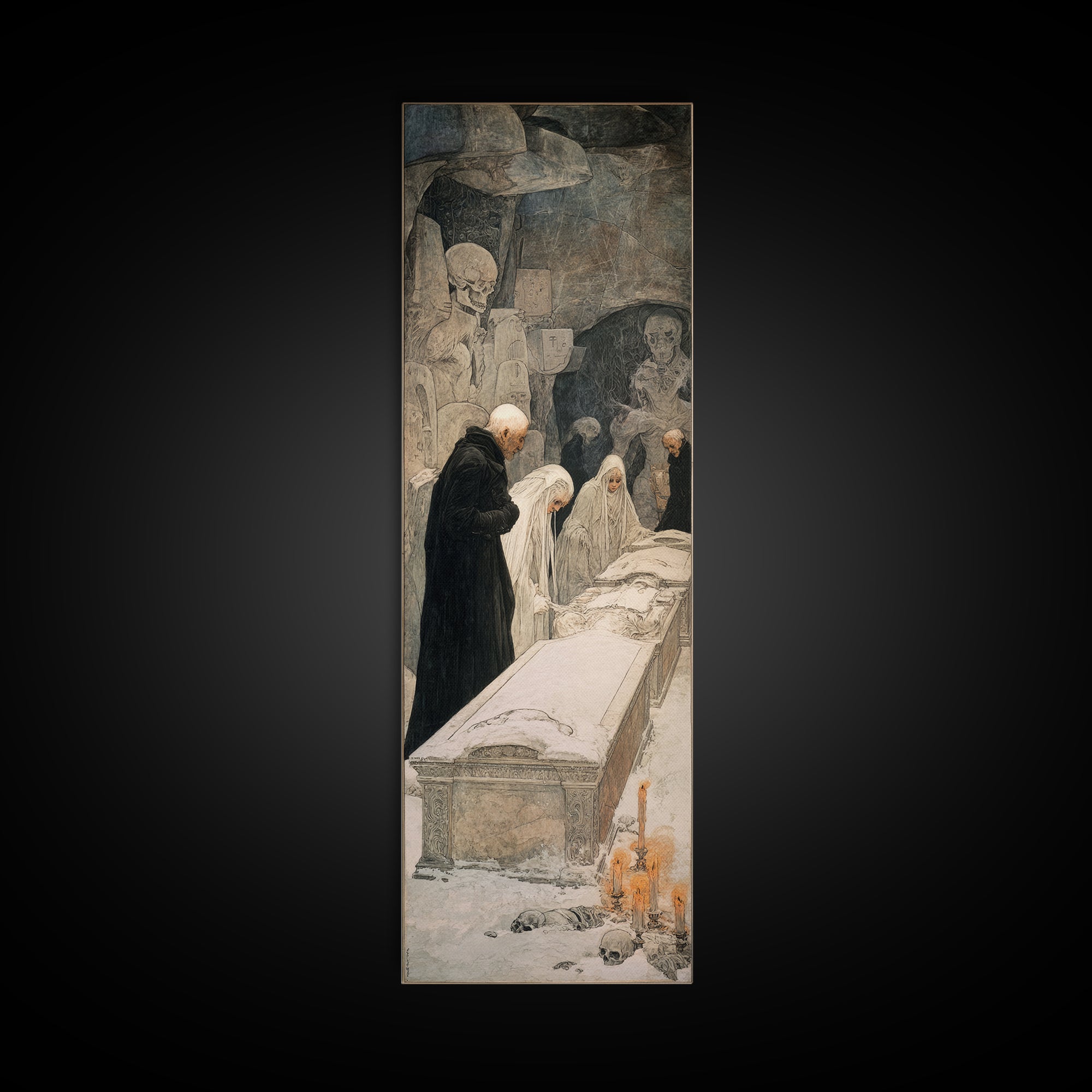 The Forgotten Crypt, Symbolist Death Art, Tall Narrow Wall Art, Gothic Horror Wall Art, Framed Canvas Print, Halloween Wall Art