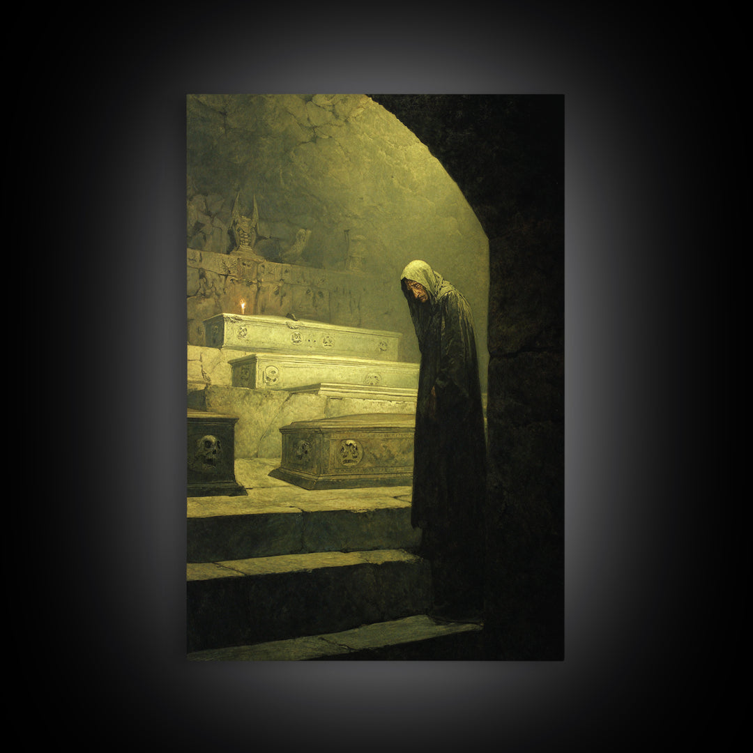 The Forgotten Crypt, Symbolist Etching Art, Vertical Wall Art, Dark Fantasy Wall Art, Framed Canvas Print, Halloween Wall Art