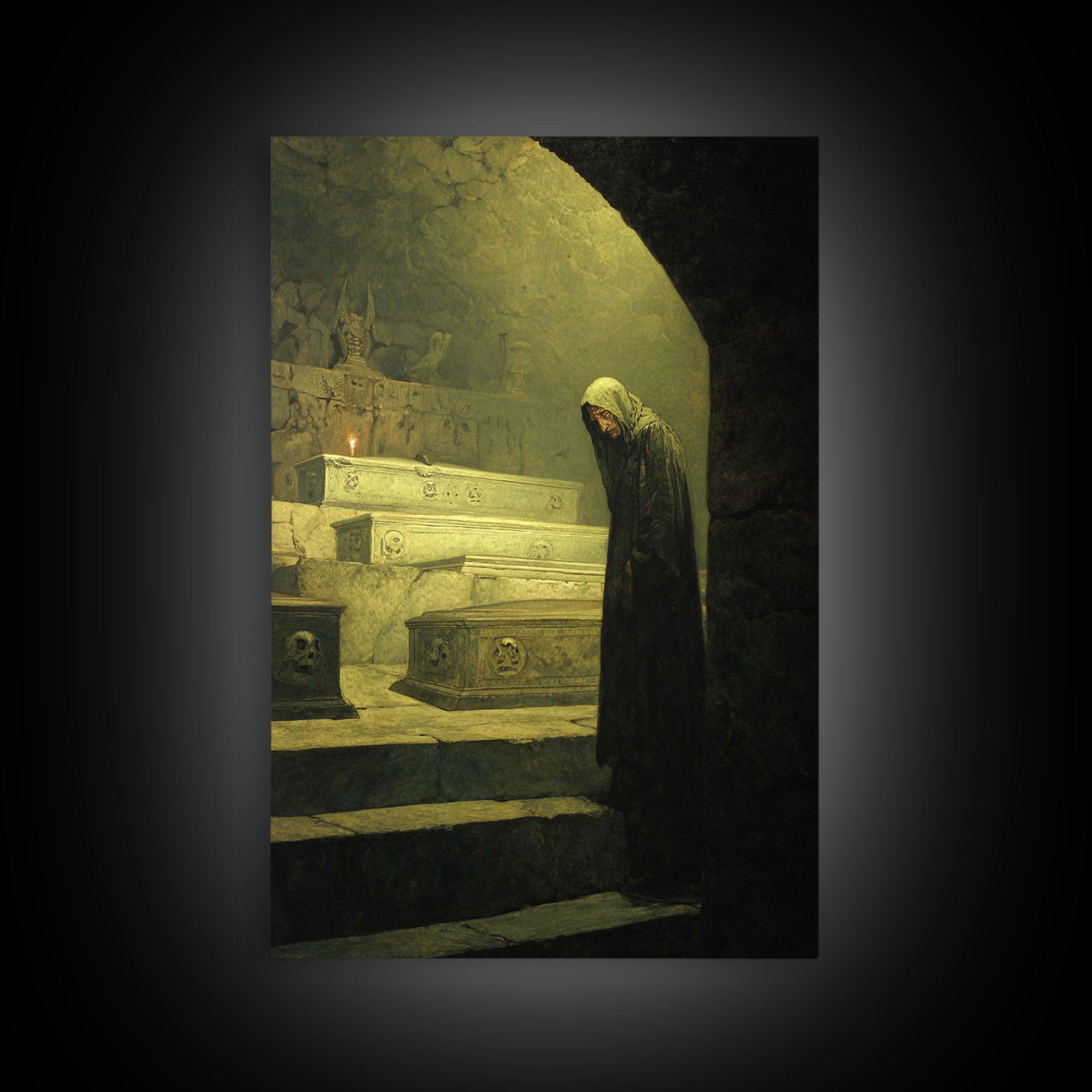 The Forgotten Crypt, Symbolist Etching Art, Vertical Wall Art, Dark Fantasy Wall Art, Framed Canvas Print, Halloween Wall Art