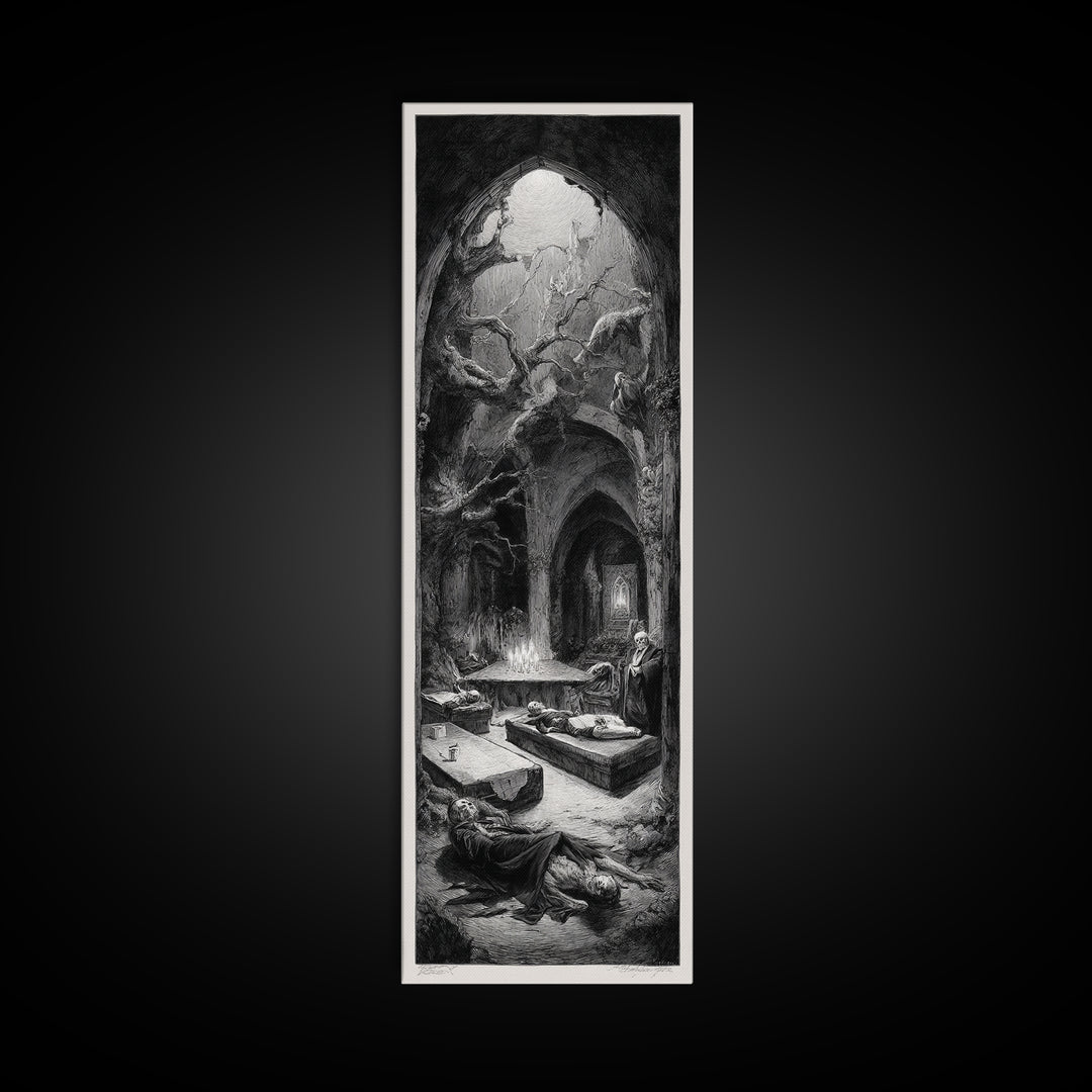 The Forgotten Crypt, Expressionist Nightmare Art, Tall Narrow Wall Art, Dark Halloween Decor, Framed Canvas Print, Halloween Wall Art