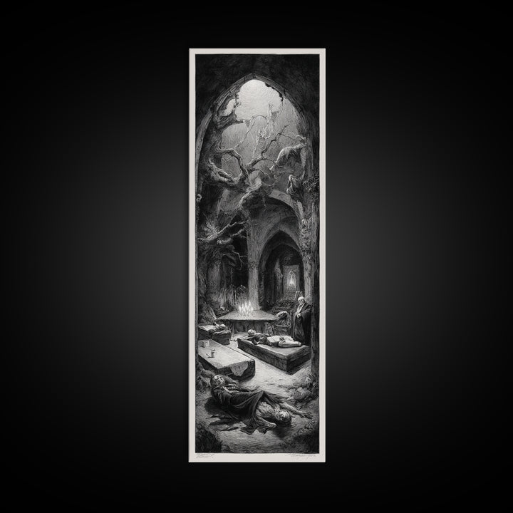 The Forgotten Crypt, Expressionist Nightmare Art, Tall Narrow Wall Art, Dark Halloween Decor, Framed Canvas Print, Halloween Wall Art