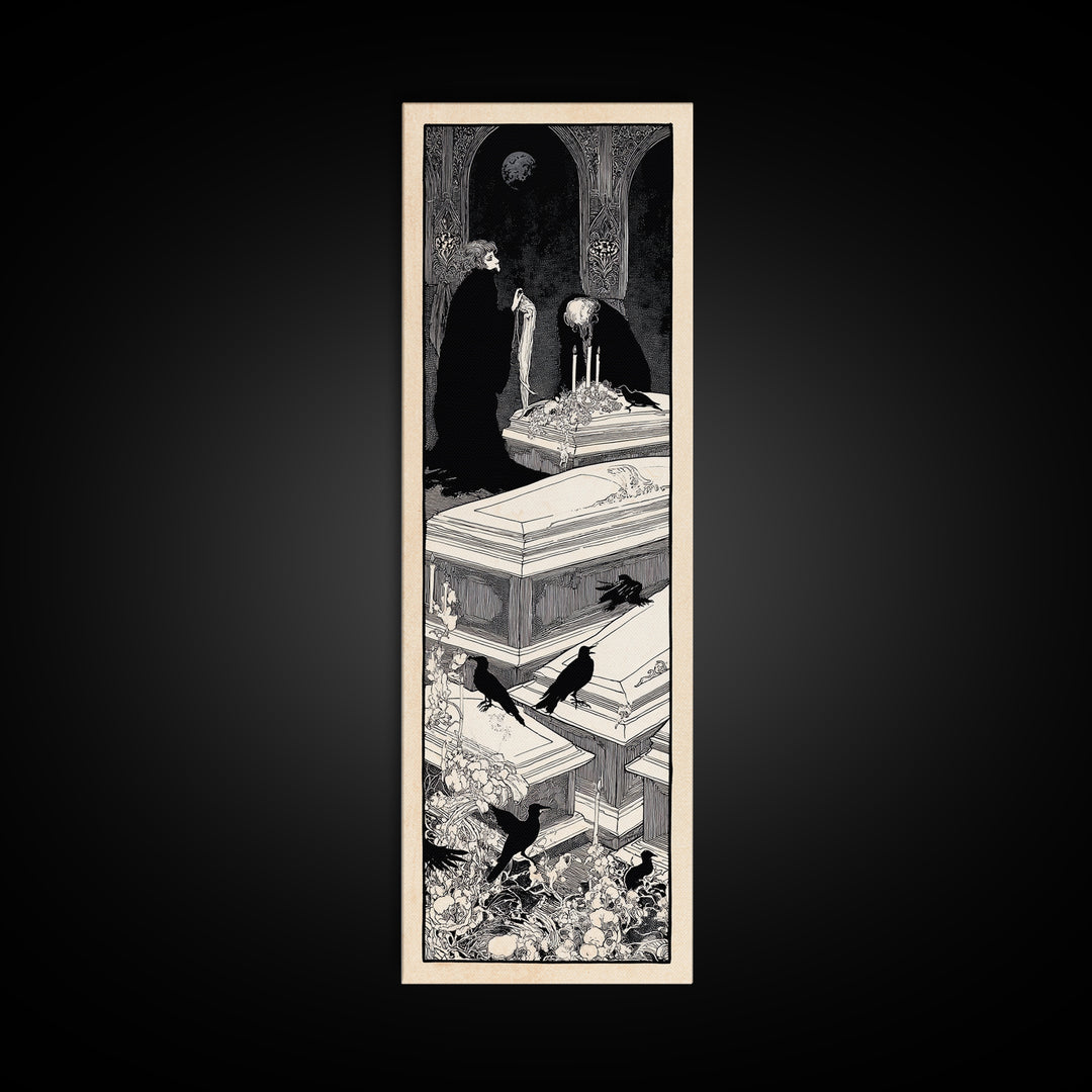 The Forgotten Crypt, Decadent Line Art, Tall Narrow Wall Art, Gothic Horror Wall Art, Framed Canvas Print, Halloween Wall Art