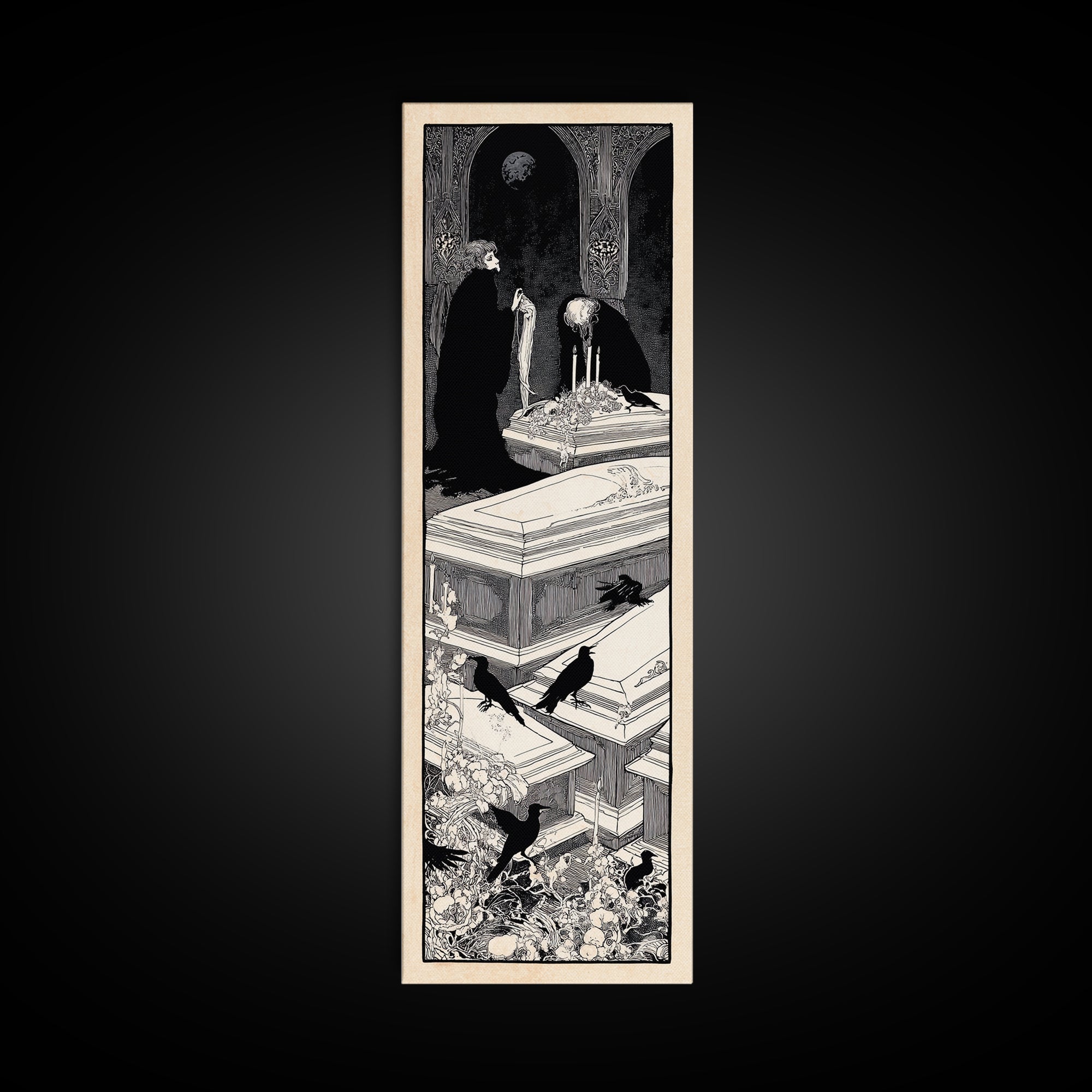 The Forgotten Crypt, Decadent Line Art, Tall Narrow Wall Art, Gothic Horror Wall Art, Framed Canvas Print, Halloween Wall Art
