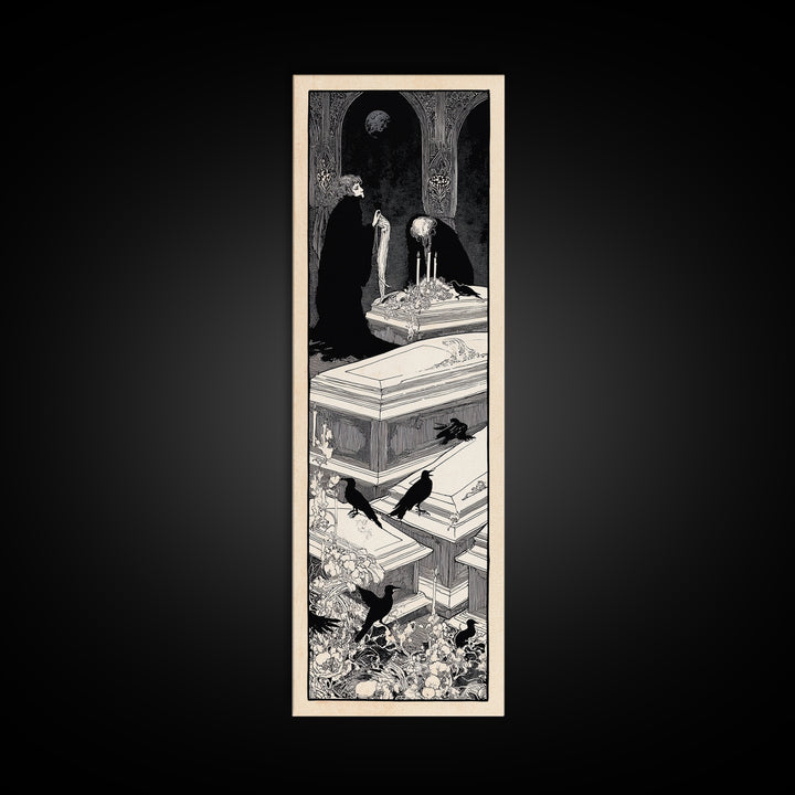 The Forgotten Crypt, Decadent Line Art, Tall Narrow Wall Art, Gothic Horror Wall Art, Framed Canvas Print, Halloween Wall Art