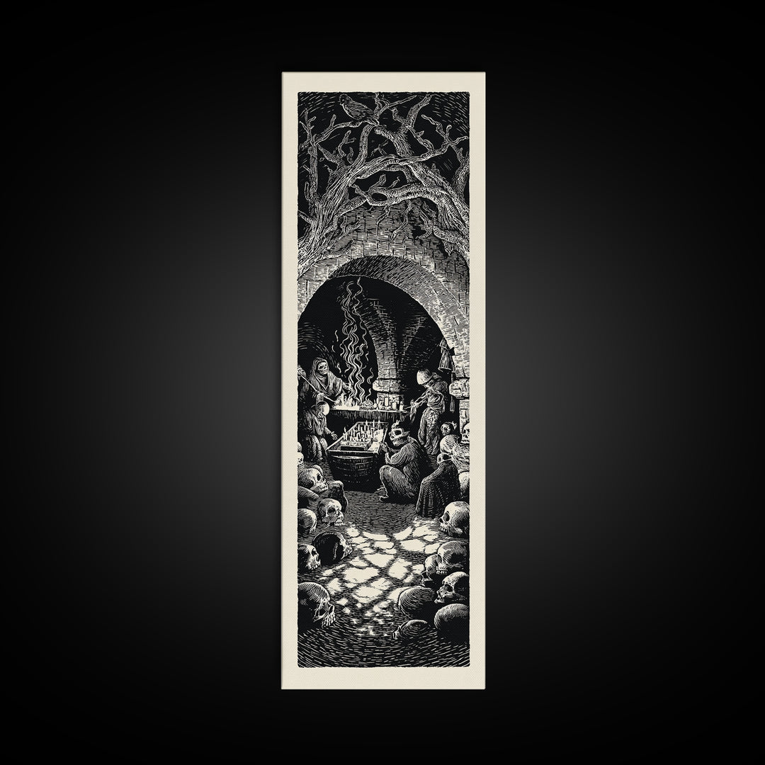 The Forgotten Crypt, Macabre Folk Print Art, Tall Narrow Wall Art, Gothic Horror Wall Art, Framed Canvas Print