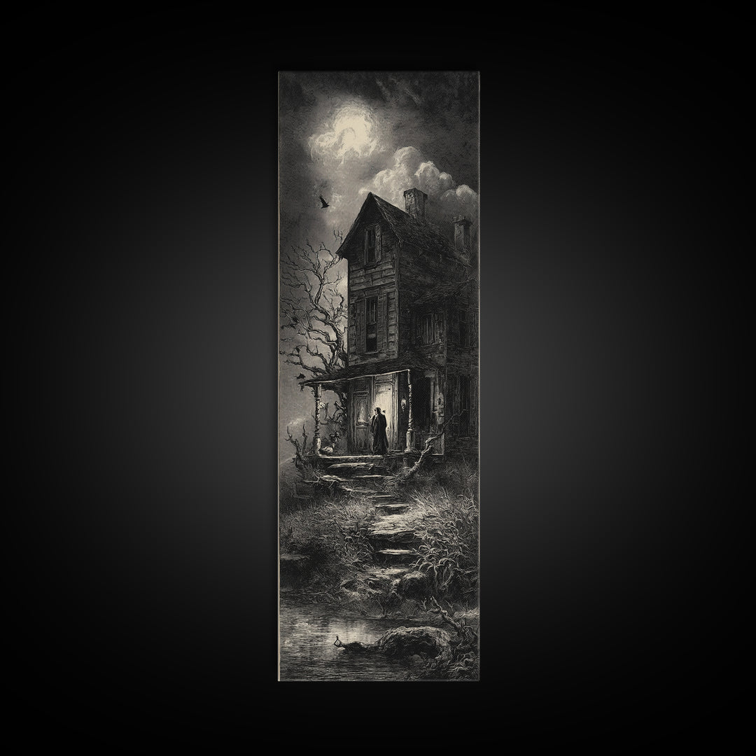 The Possessed Farmhouse, Gothic Engraving Art, Tall Narrow Wall Art, Macabre Wall Art, Canvas Print, Halloween Wall Art