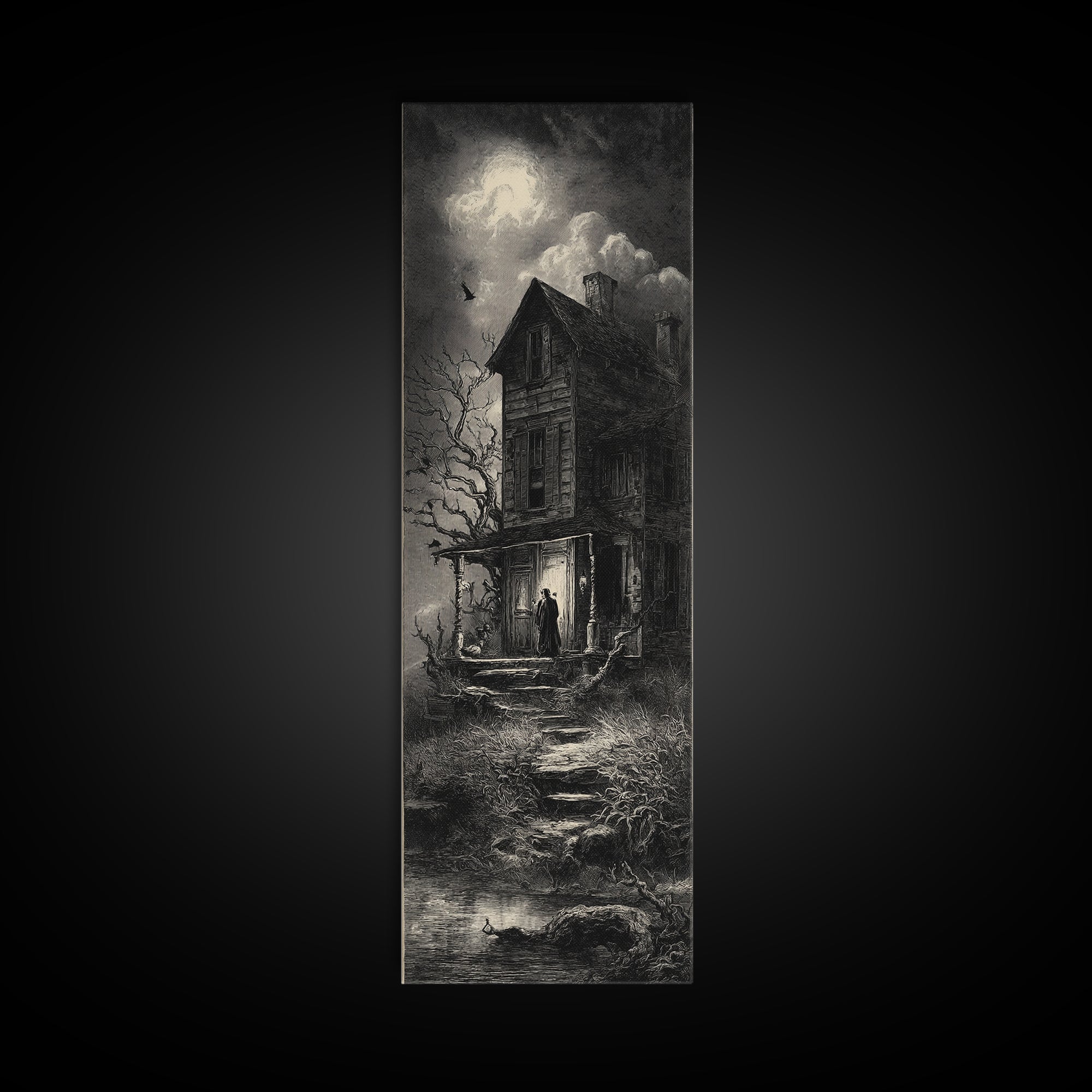 The Possessed Farmhouse, Gothic Engraving Art, Tall Narrow Wall Art, Macabre Wall Art, Canvas Print, Halloween Wall Art