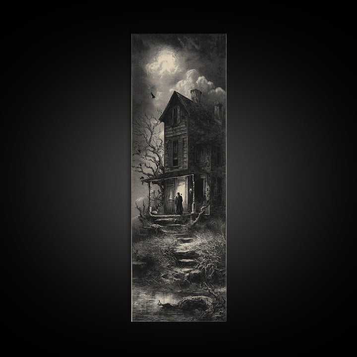 The Possessed Farmhouse, Gothic Engraving Art, Tall Narrow Wall Art, Macabre Wall Art, Canvas Print, Halloween Wall Art