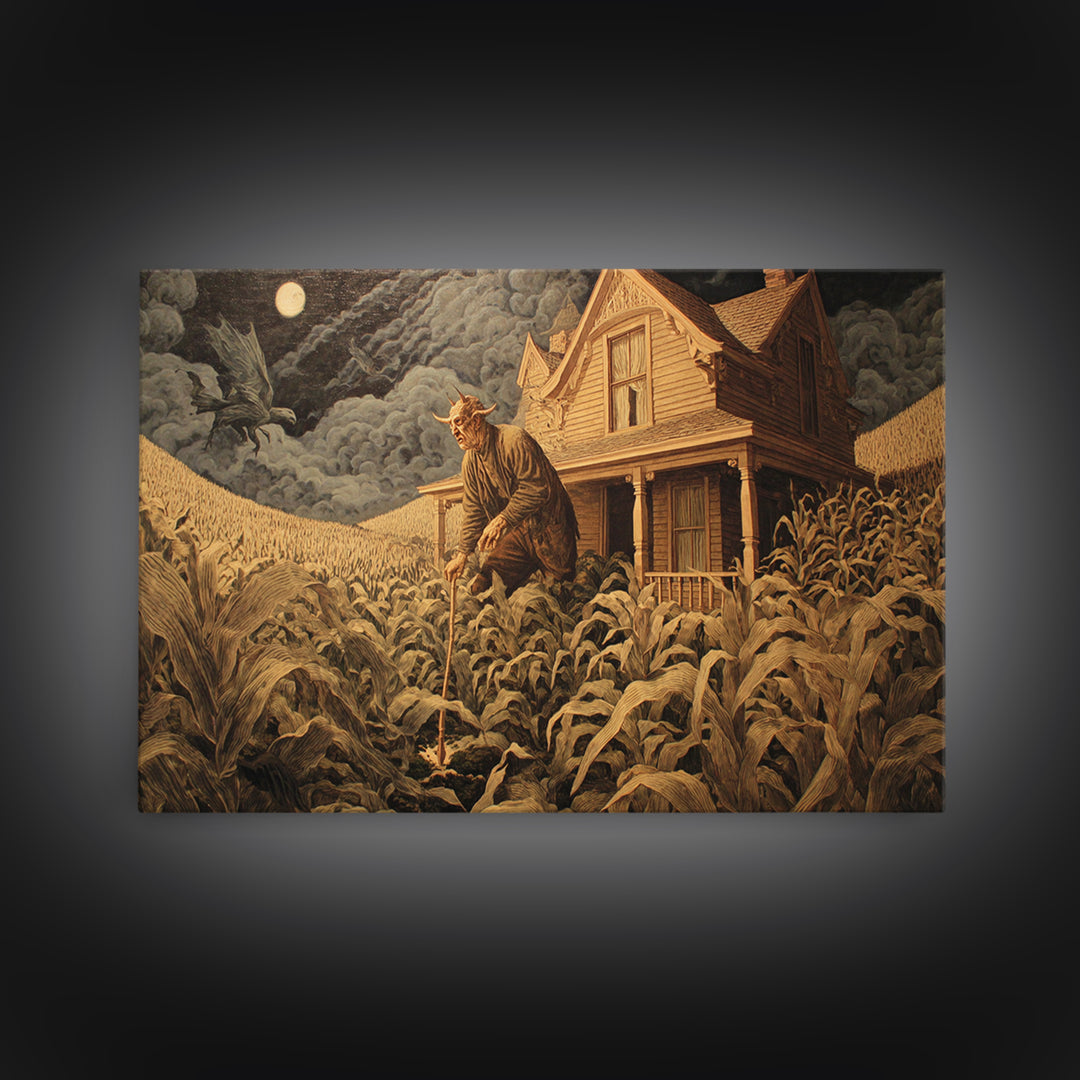 The Possessed Farmhouse, Medieval Grotesque Art, Landscape Wall Art, Dark Halloween Decor, Framed Canvas Print, Halloween Wall Art