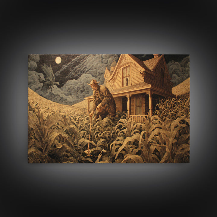 The Possessed Farmhouse, Medieval Grotesque Art, Landscape Wall Art, Dark Halloween Decor, Framed Canvas Print, Halloween Wall Art