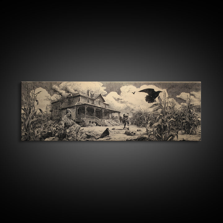 The Possessed Farmhouse, Renaissance Engraving Art, Extra Wide Wall Art, Dark Halloween Decor, Framed Canvas Print, Halloween Wall Art