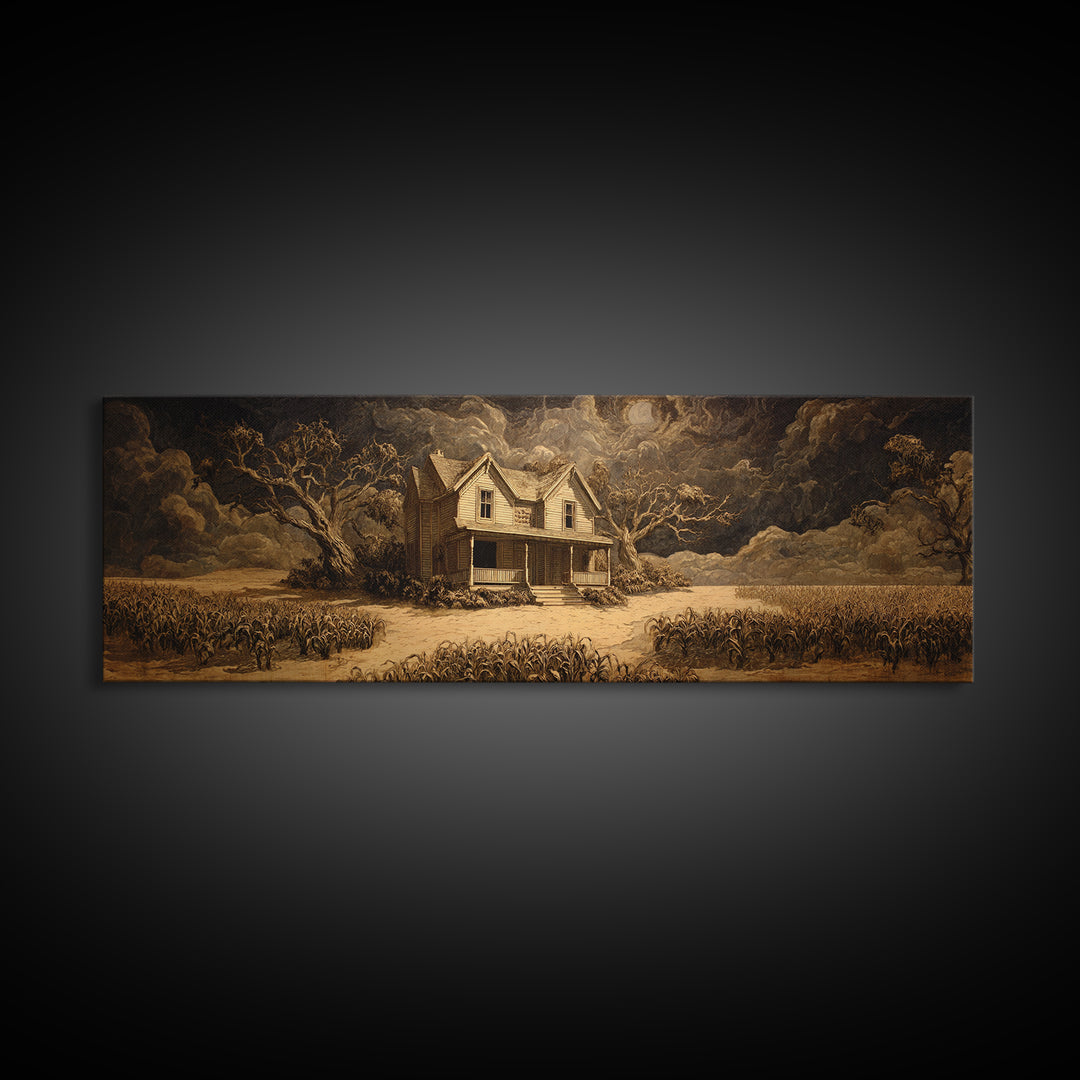 The Possessed Farmhouse, Dark Romantic Horror Art, Extra Wide Wall Art, Macabre Wall Art, Canvas Print, Halloween Wall Art