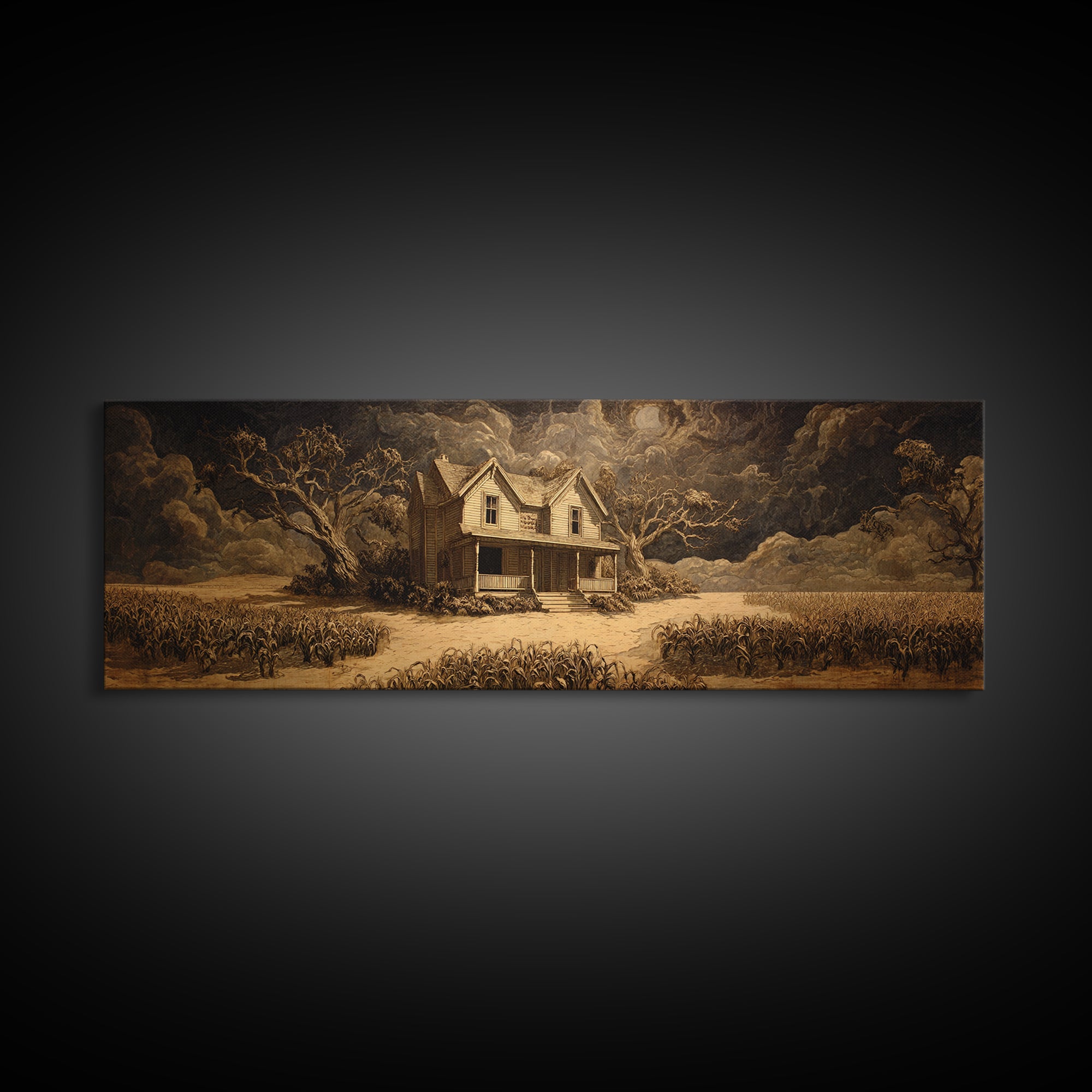 The Possessed Farmhouse, Dark Romantic Horror Art, Extra Wide Wall Art, Macabre Wall Art, Canvas Print, Halloween Wall Art