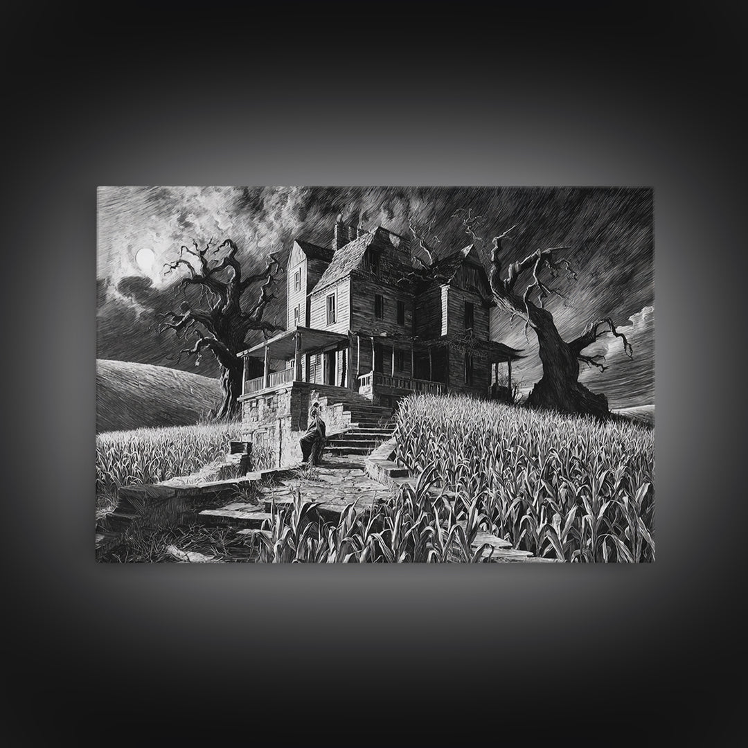 The Possessed Farmhouse, Architectural Etching Art, Landscape Wall Art, Macabre Wall Art, Framed Canvas Print