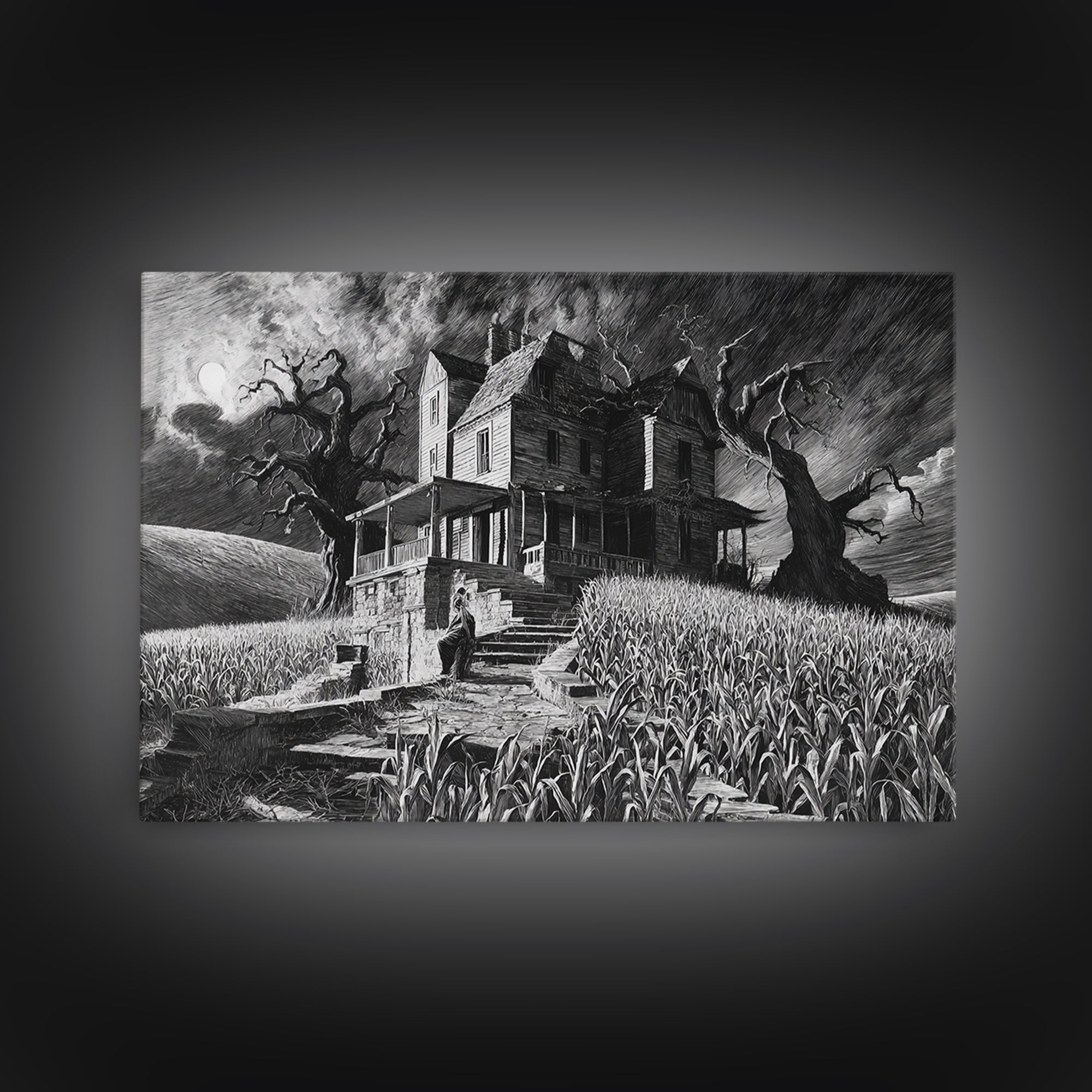 The Possessed Farmhouse, Architectural Etching Art, Landscape Wall Art, Macabre Wall Art, Framed Canvas Print