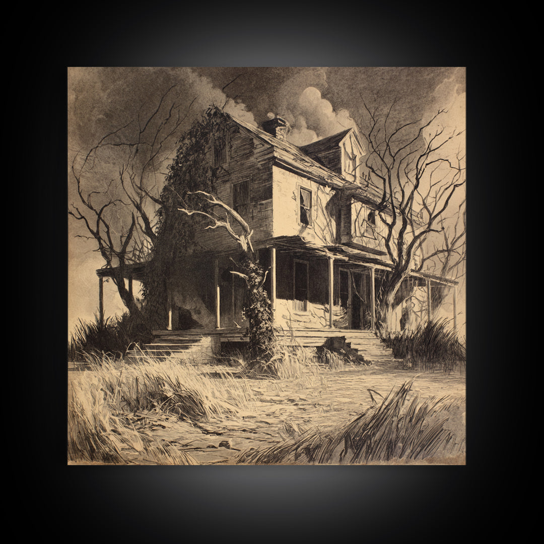 The Possessed Farmhouse, Symbolist Dream Art, Square Wall Art, Dark Halloween Decor, Canvas Print, Halloween Wall Art