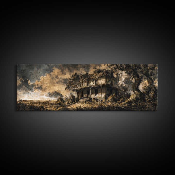 The Possessed Farmhouse, Ornate Symbolist Art, Extra Wide Wall Art, Dark Halloween Decor, Canvas Print, Halloween Wall Art