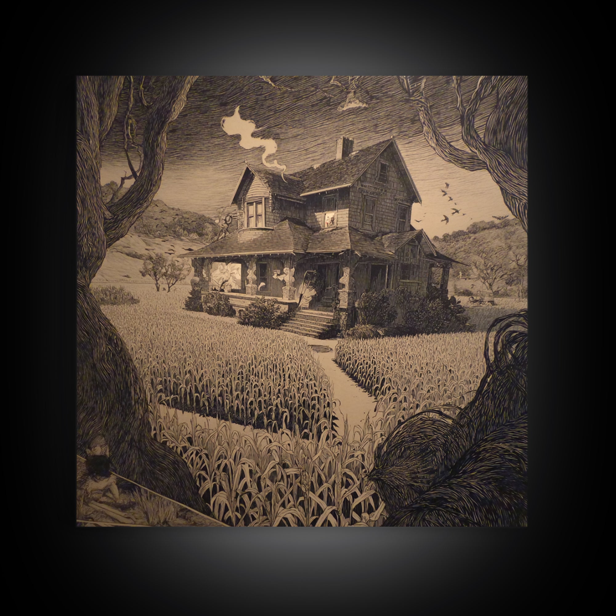 The Possessed Farmhouse, Symbolist Etching Art, Square Wall Art, Dark Halloween Decor, Framed Canvas Print, Halloween Wall Art