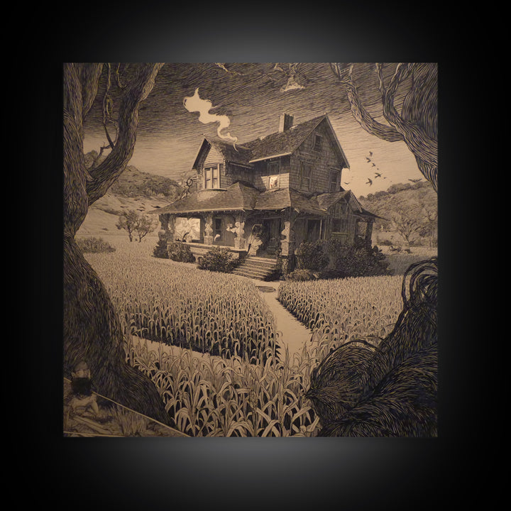 The Possessed Farmhouse, Symbolist Etching Art, Square Wall Art, Dark Halloween Decor, Framed Canvas Print, Halloween Wall Art