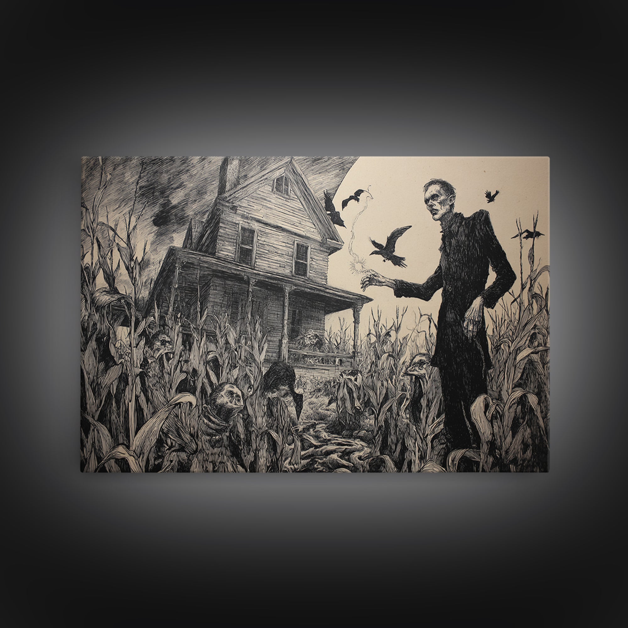 The Possessed Farmhouse, Expressionist Nightmare Art, Landscape Wall Art, Macabre Wall Art, Framed Canvas Print, Halloween Wall Art
