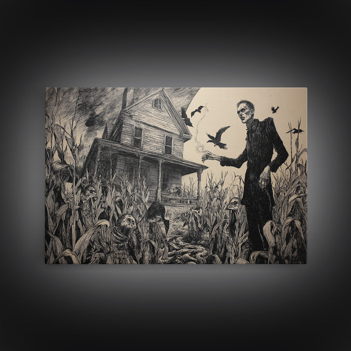 The Possessed Farmhouse, Expressionist Nightmare Art, Landscape Wall Art, Macabre Wall Art, Framed Canvas Print, Halloween Wall Art