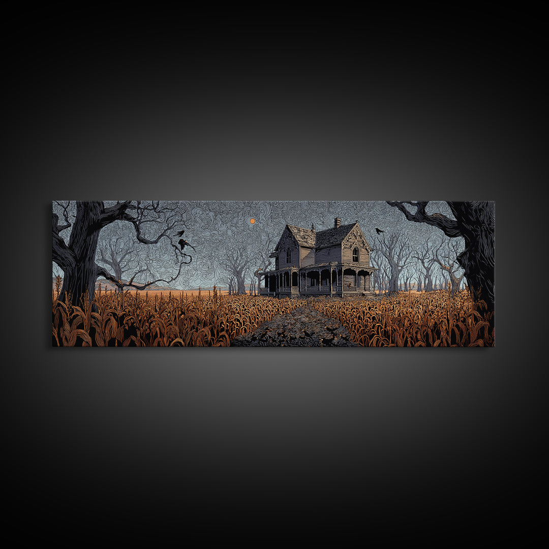 The Possessed Farmhouse, Stained Glass Gothic Art, Extra Wide Wall Art, Dark Halloween Decor, Canvas Print, Halloween Wall Art