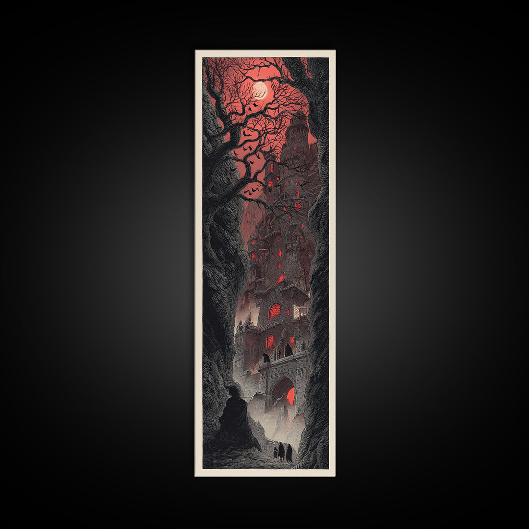 The Vampire Castle, Gothic Engraving Art, Tall Narrow Wall Art, Dark Halloween Decor, Canvas Print, Halloween Wall Art