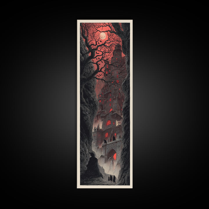 The Vampire Castle, Gothic Engraving Art, Tall Narrow Wall Art, Dark Halloween Decor, Canvas Print, Halloween Wall Art