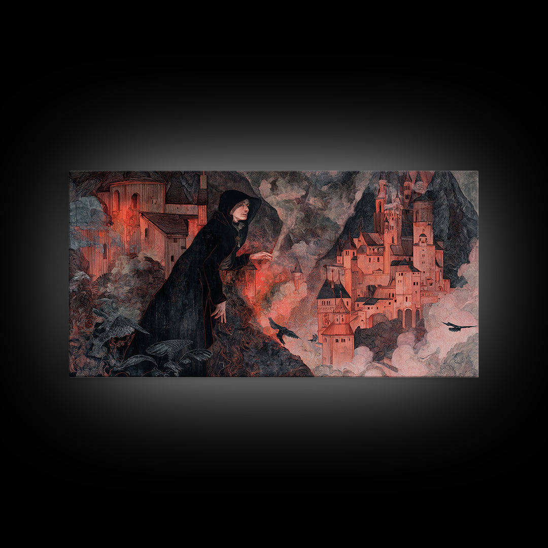 The Vampire Castle, Medieval Grotesque Art, Wide Panoramic Art, Gothic Horror Wall Art, Framed Canvas Print, Halloween Wall Art