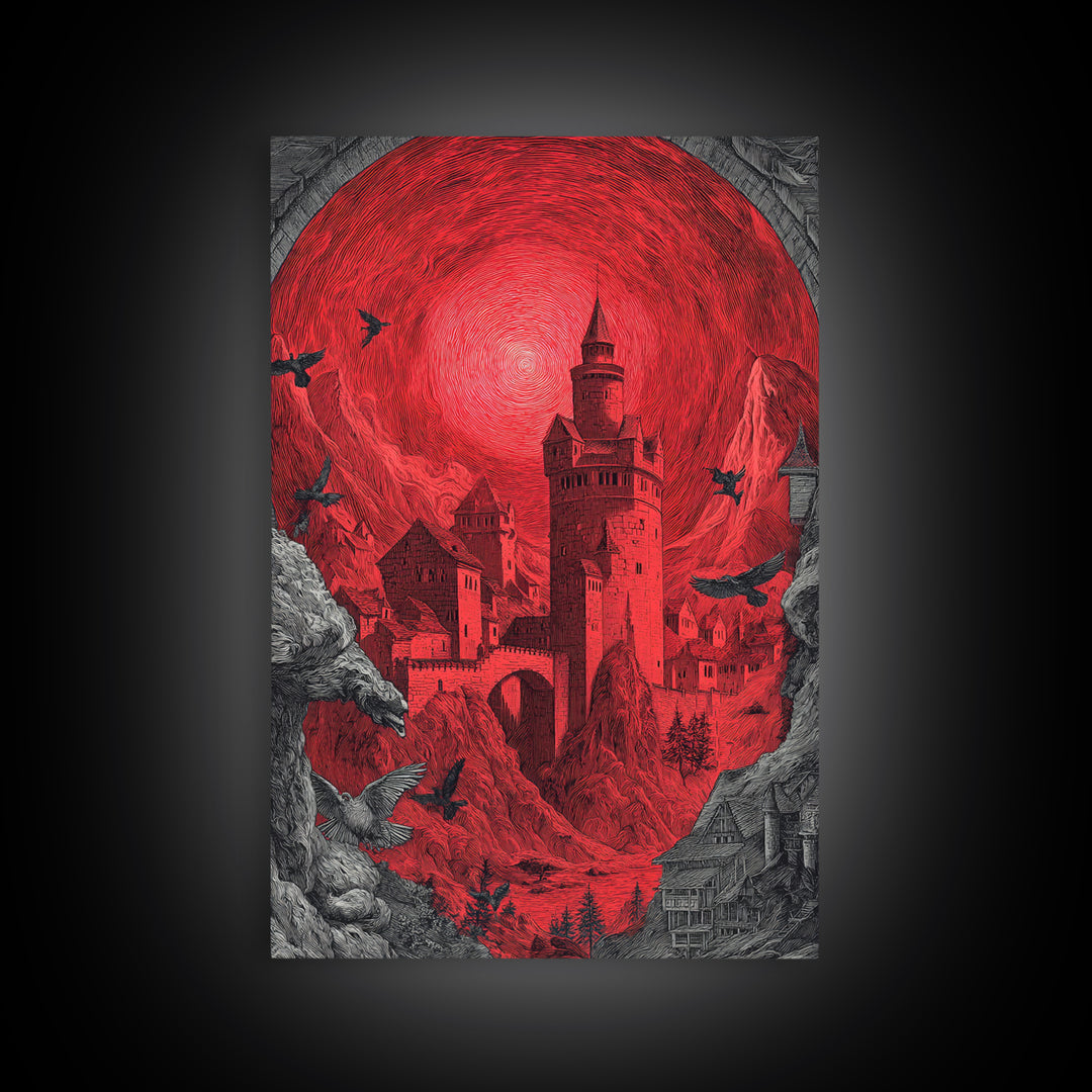 The Vampire Castle, Renaissance Engraving Art, Vertical Wall Art, Dark Halloween Decor, Framed Canvas Print, Halloween Wall Art