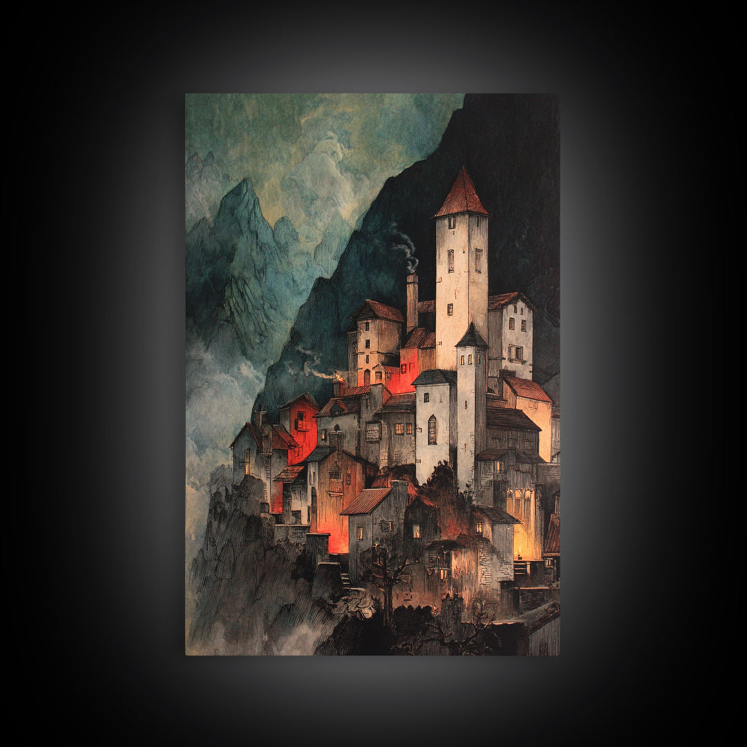 The Vampire Castle, Danse Macabre Art, Vertical Wall Art, Gothic Horror Wall Art, Framed Canvas Print, Halloween Decor