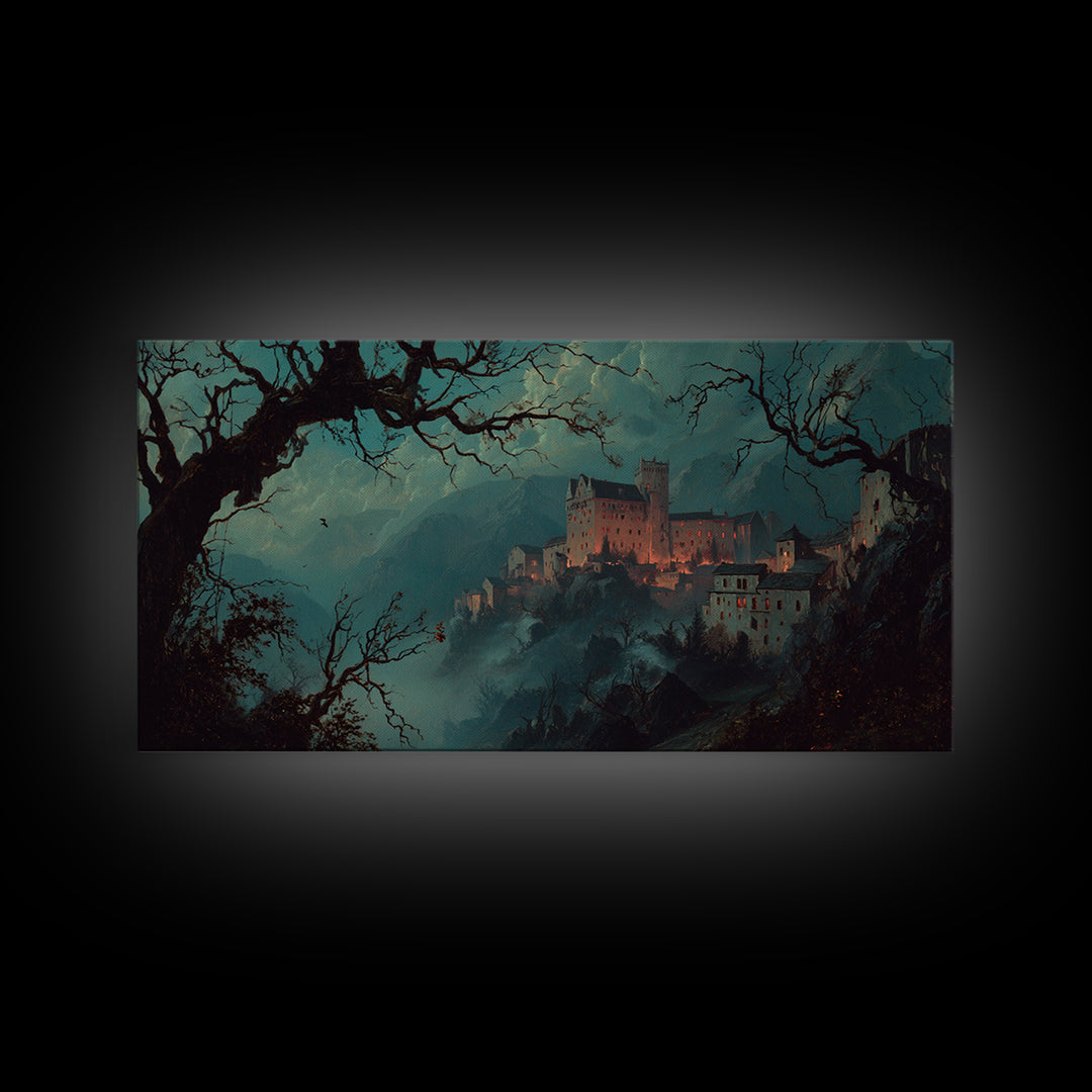 The Vampire Castle, Baroque Witchcraft Art, Wide Panoramic Art, Dark Fantasy Wall Art, Framed Canvas Print, Halloween Wall Art