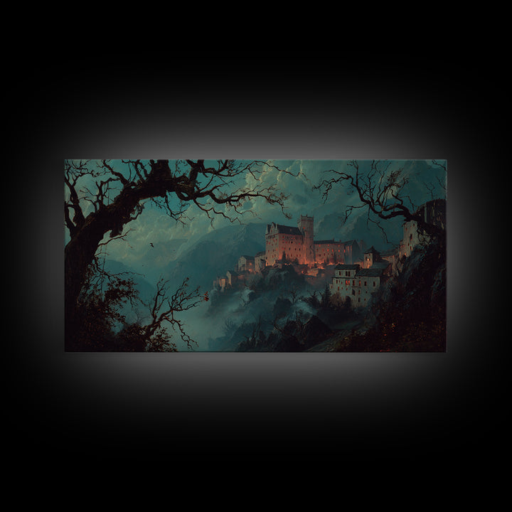 The Vampire Castle, Baroque Witchcraft Art, Wide Panoramic Art, Dark Fantasy Wall Art, Framed Canvas Print, Halloween Wall Art