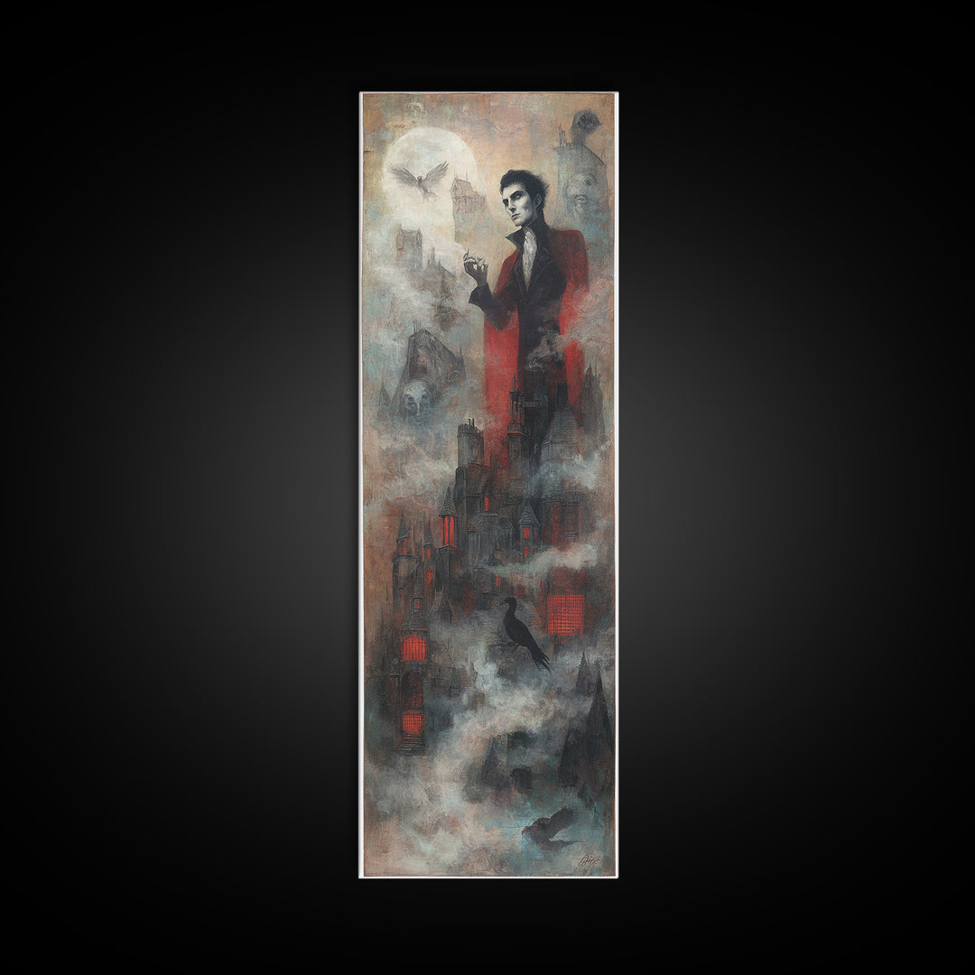 The Vampire Castle, Symbolist Dream Art, Tall Narrow Wall Art, Macabre Wall Art, Canvas Print, Halloween Wall Art, Dark Fantasy Art