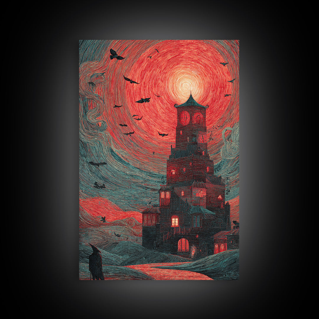 The Vampire Castle, Expressionist Gothic Art, Vertical Wall Art, Dark Halloween Decor, Canvas Print, Halloween Wall Art
