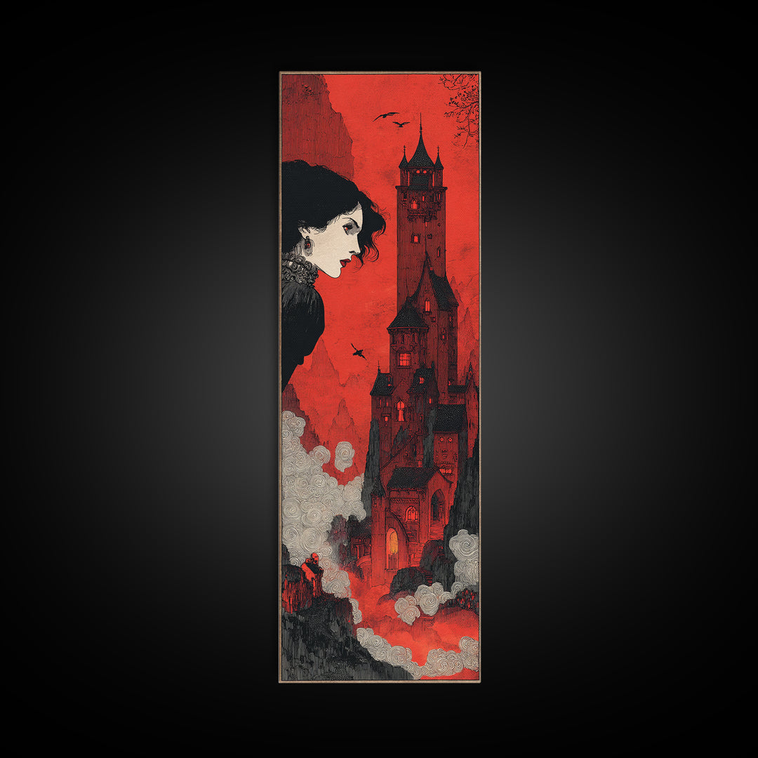 The Vampire Castle, Decadent Line Art, Tall Narrow Wall Art, Gothic Horror Wall Art, Framed Canvas Print, Halloween Wall Art