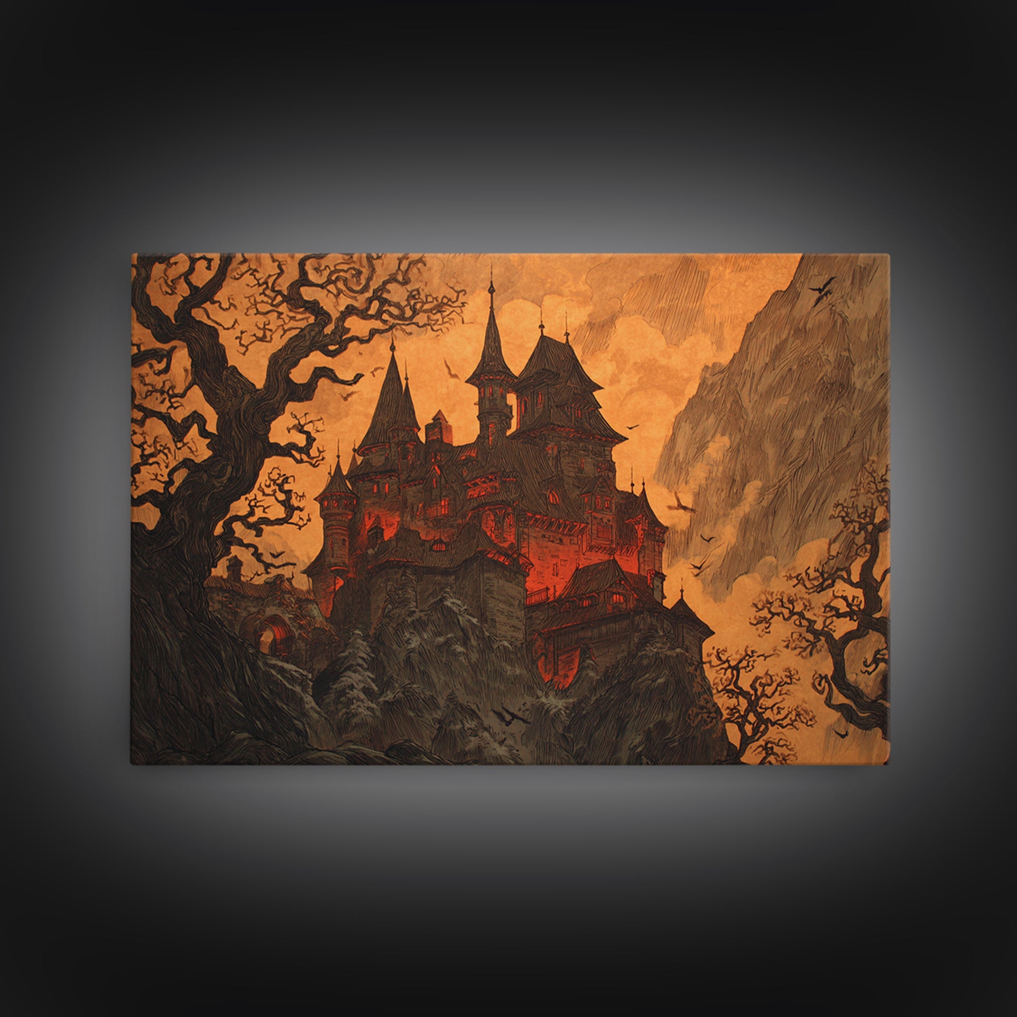 The Vampire Castle, Gothic Storybook Art, Landscape Wall Art, Dark Fantasy Wall Art, Framed Canvas Print, Halloween Wall Art