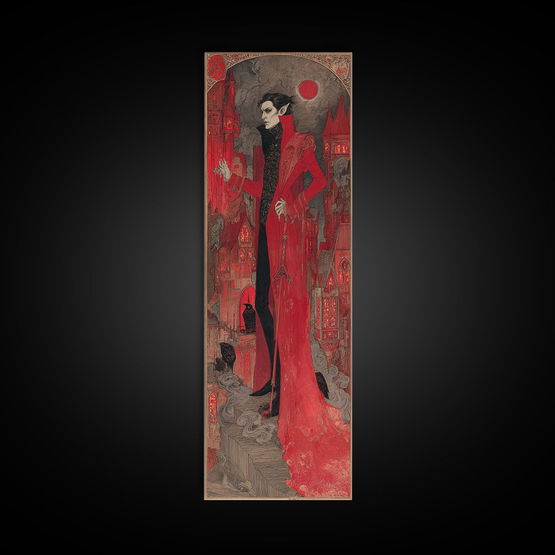 The Vampire Castle, Stained Glass Gothic Art, Tall Narrow Wall Art, Dark Halloween Decor, Canvas Print, Halloween Wall Art